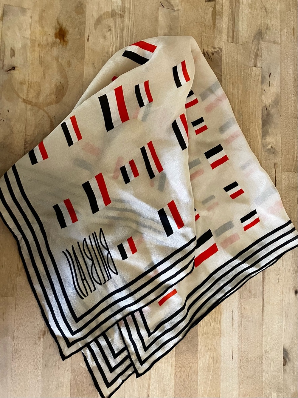 bill blass Cream Scarf with Orange and Black Stripe Accents-vintage geometric